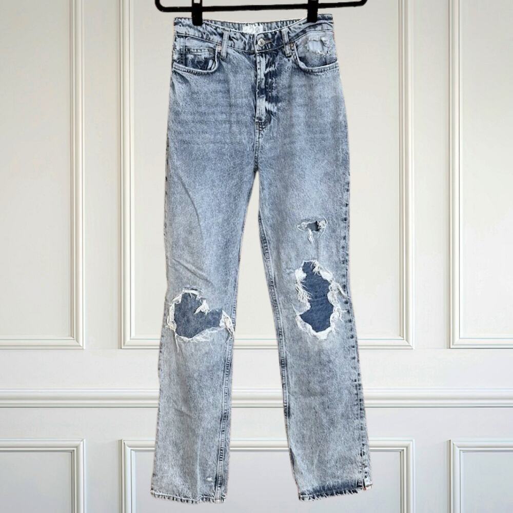 Free People My Own Lane High Rise Distressed Straight Leg Acid Wash Jeans 28 - Picture 2 of 14